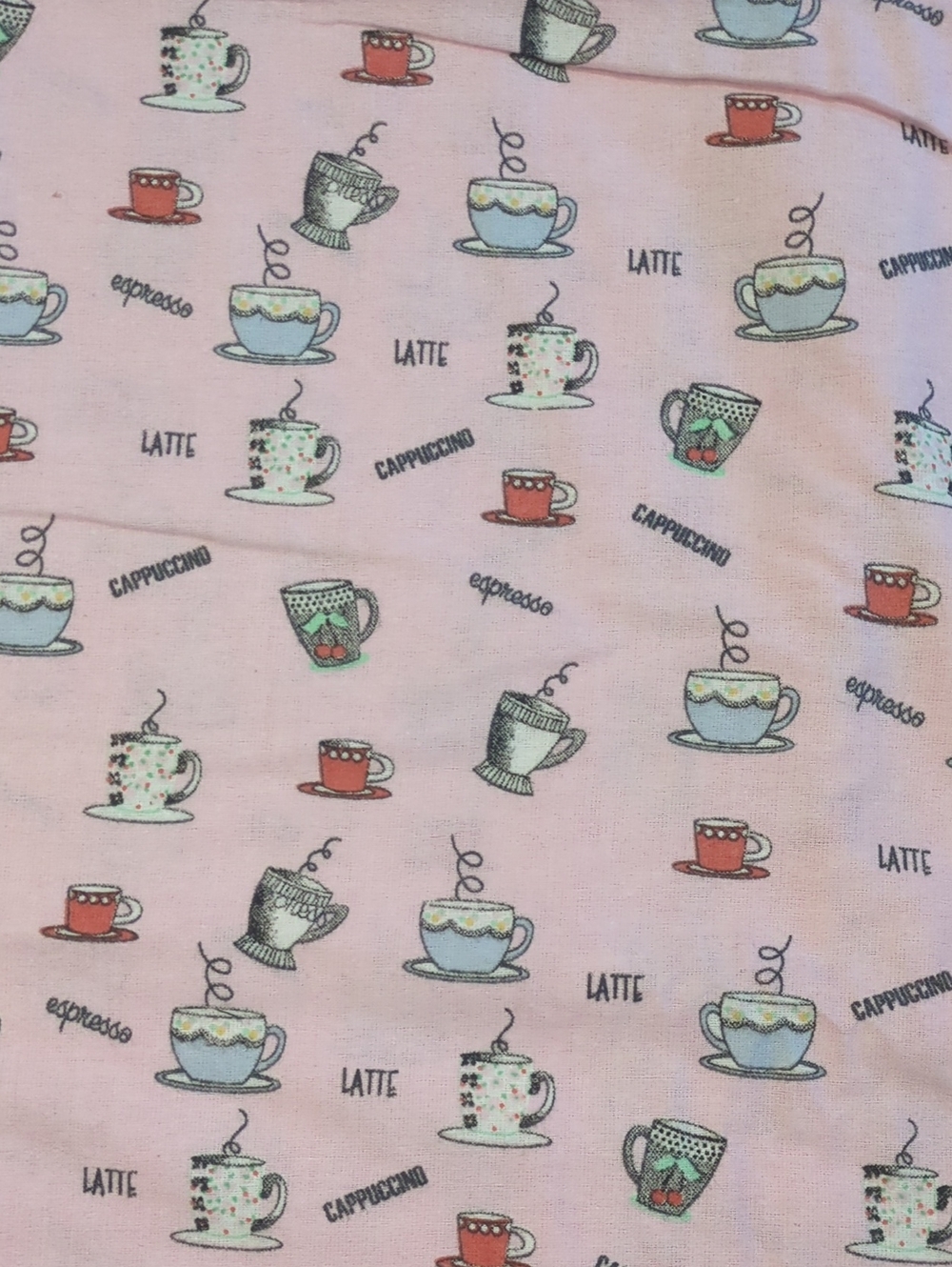Pink Coffee Mug Cotton Fabric Remnant 42x176 Latte Cappuccino Espresso Quilting